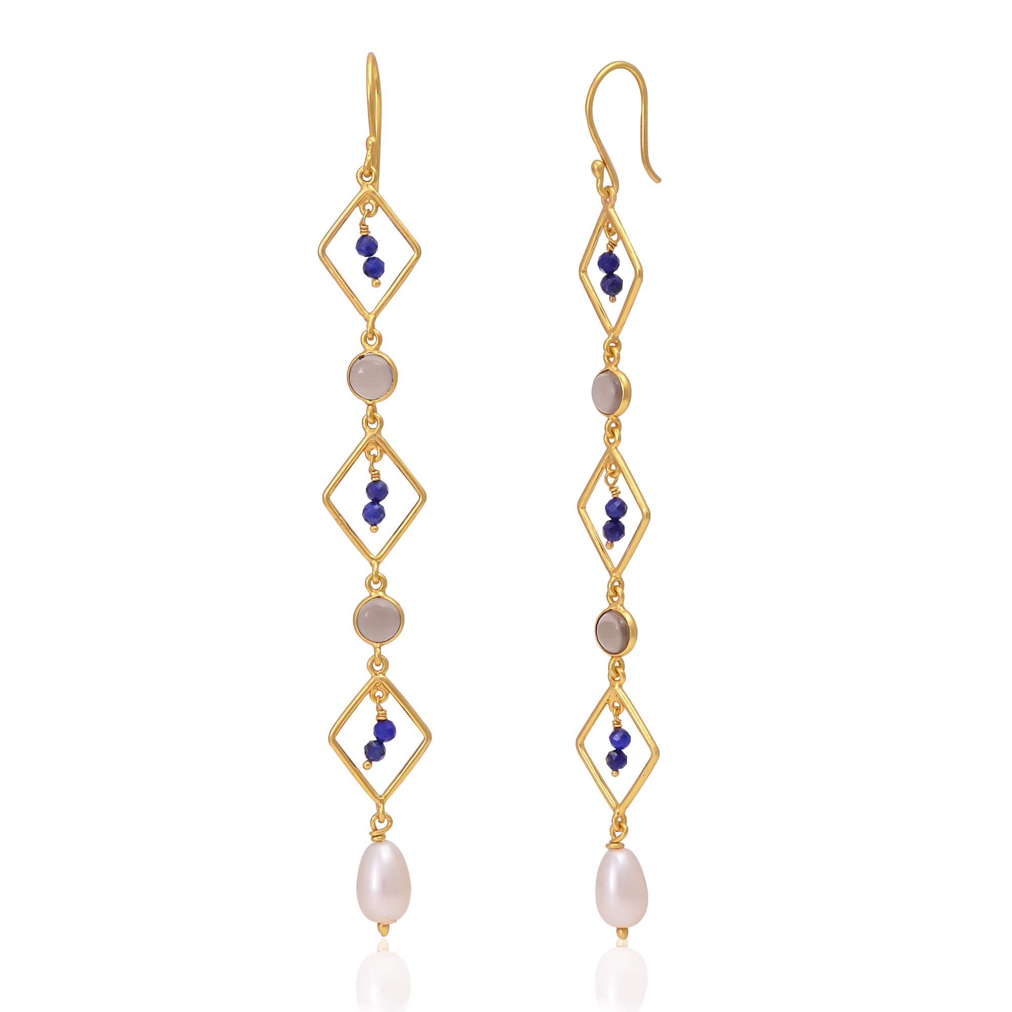Silver Gold Plated Blue Lapis, Smoky Quartz and Pearl Earring