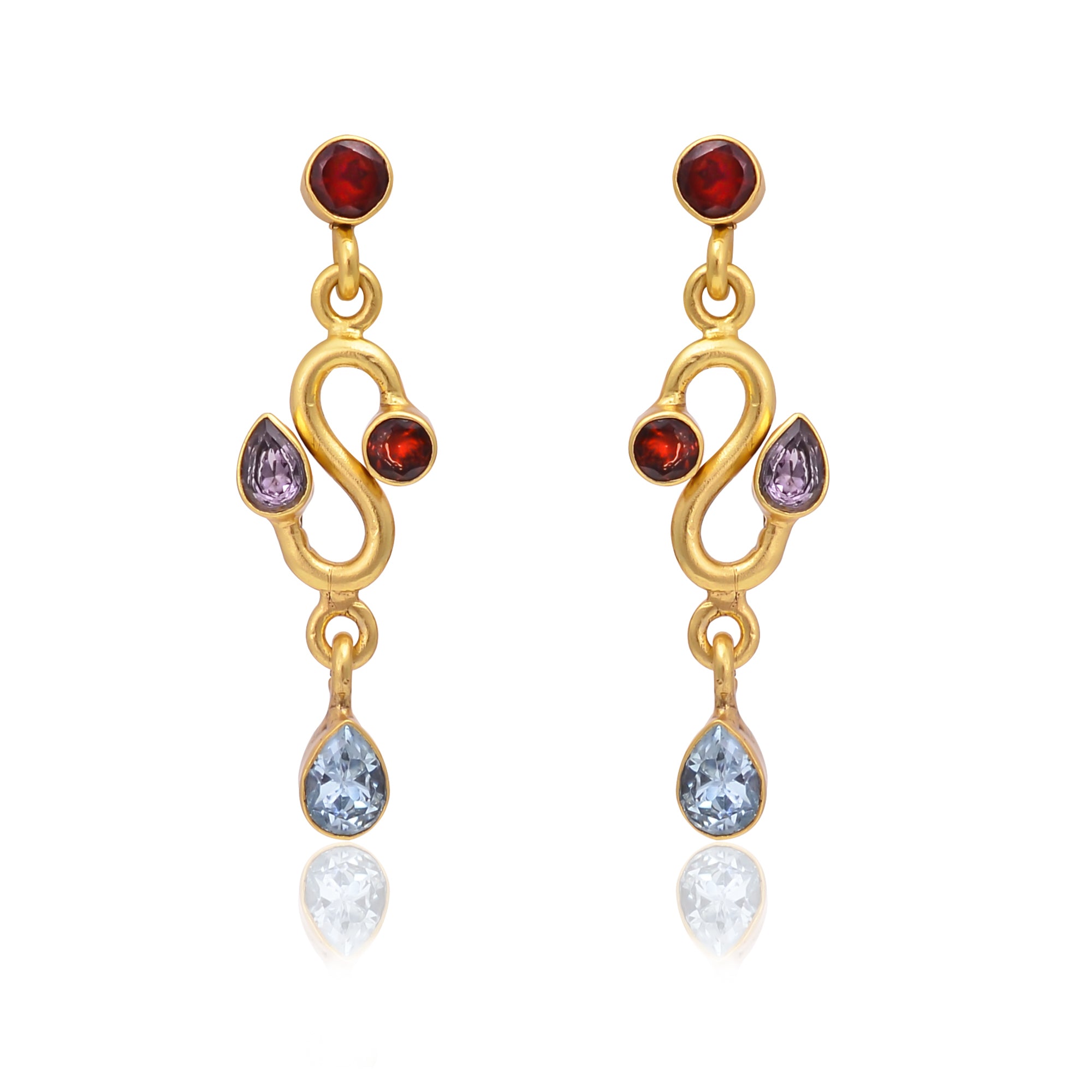 Silver Gold Plated Garnet, Blue Topaz, and Aphrodite Earring
