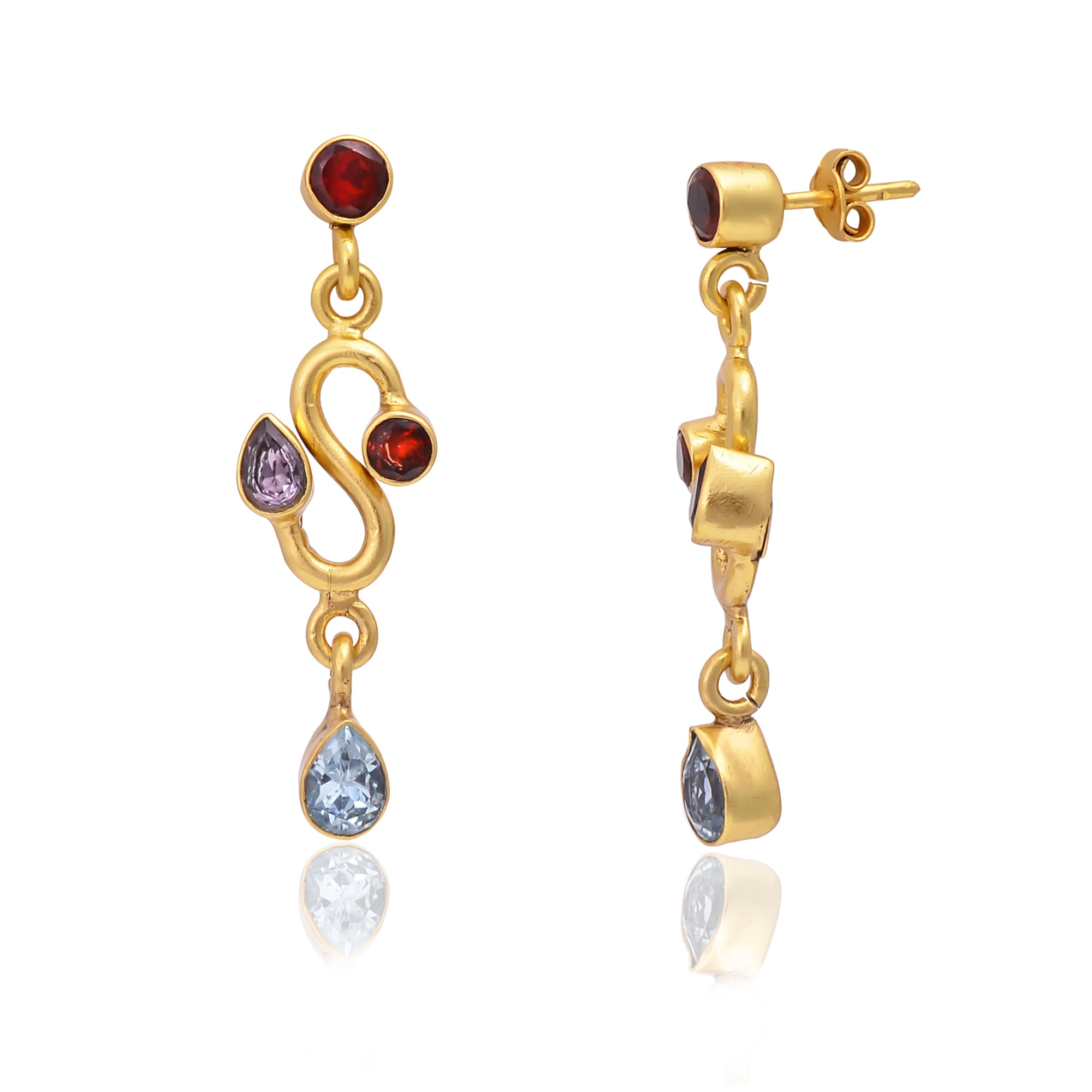 Silver Gold Plated Garnet, Blue Topaz, and Aphrodite Earring