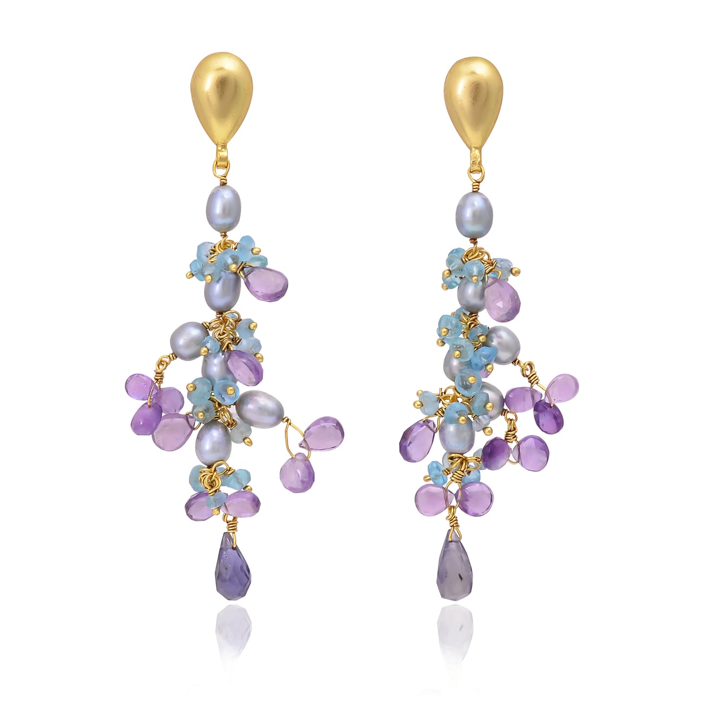 Silver Gold Plated Pearl, Aphrodite, Amethyst, and Iolite Earring