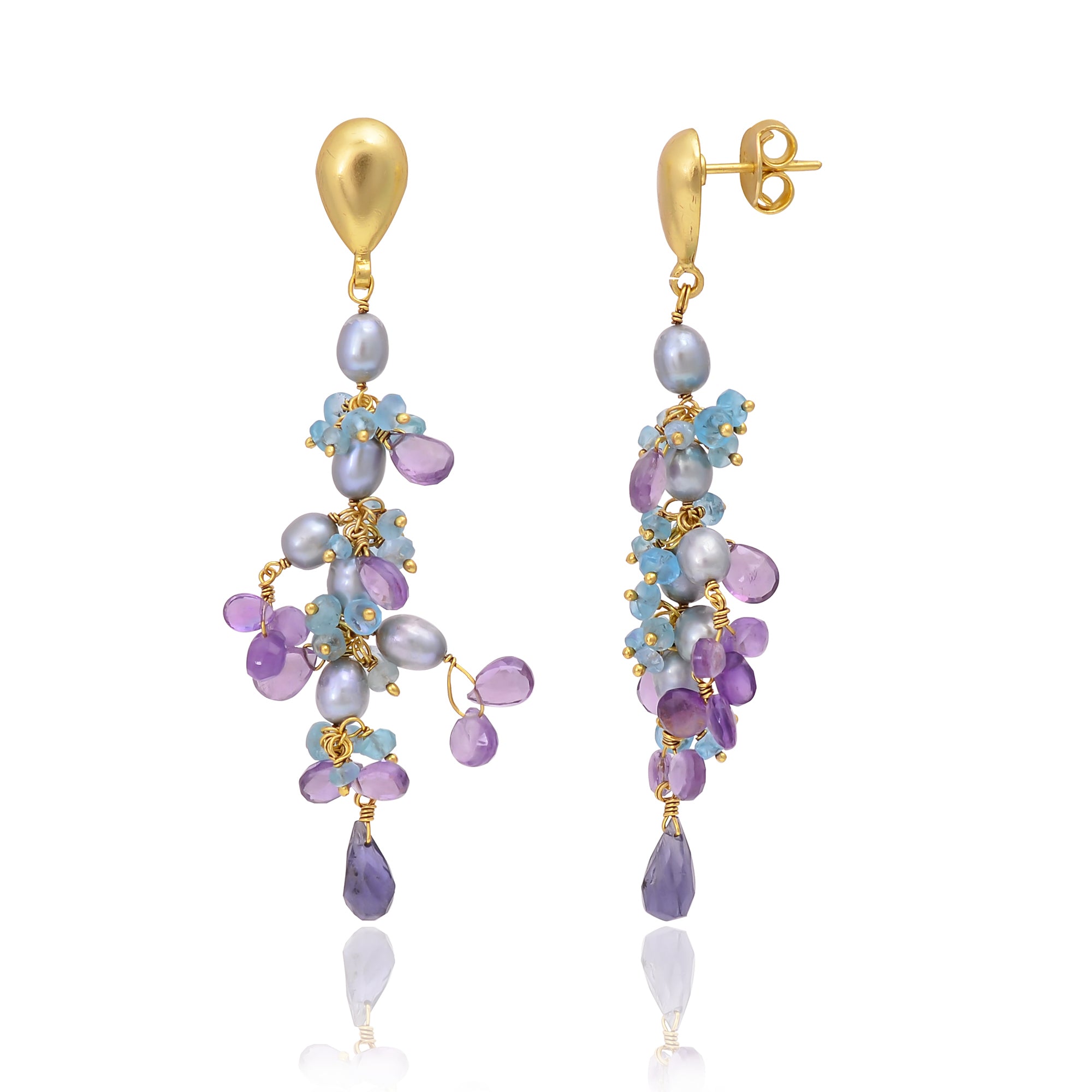 Silver Gold Plated Pearl, Aphrodite, Amethyst, and Iolite Earring