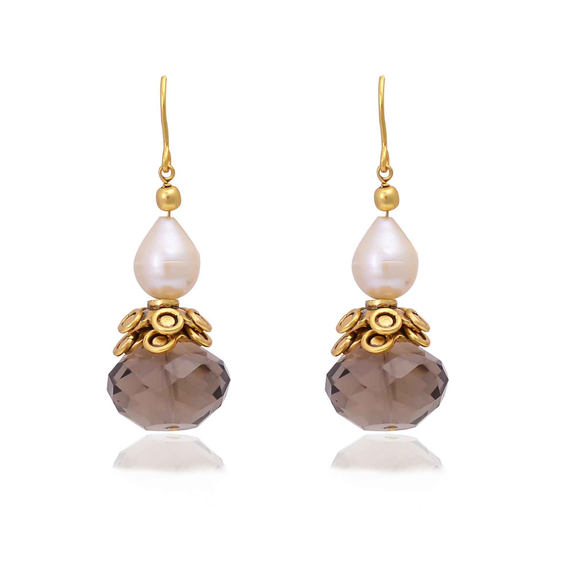 Silver Gold Plated Smoky Quartz and Pearl Earring