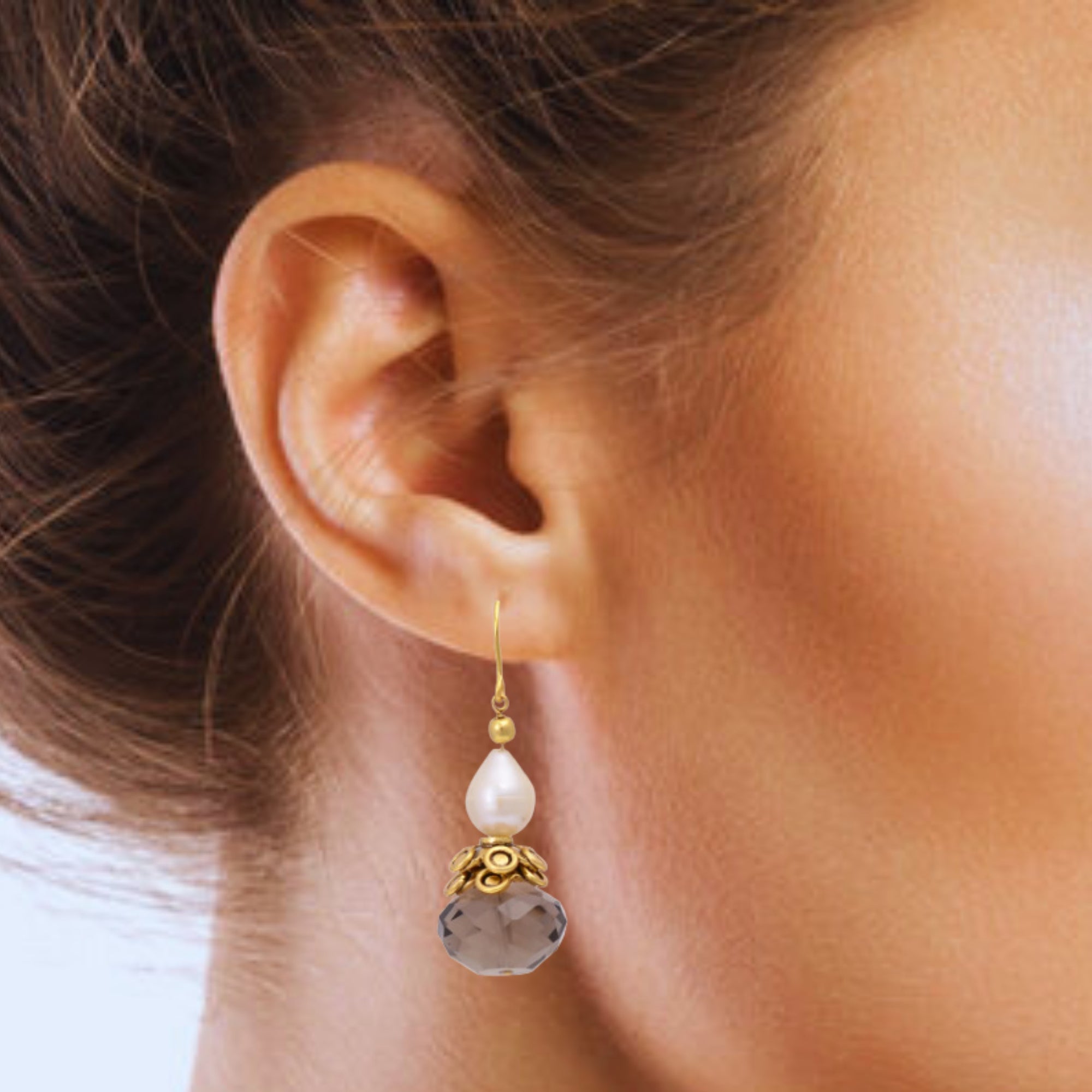 Silver Gold Plated Smoky Quartz and Pearl Earring