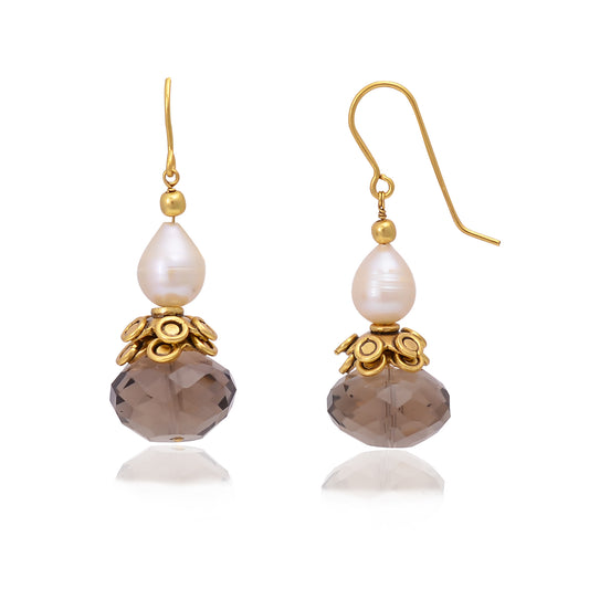 Silver Gold Plated Smoky Quartz and Pearl Earring