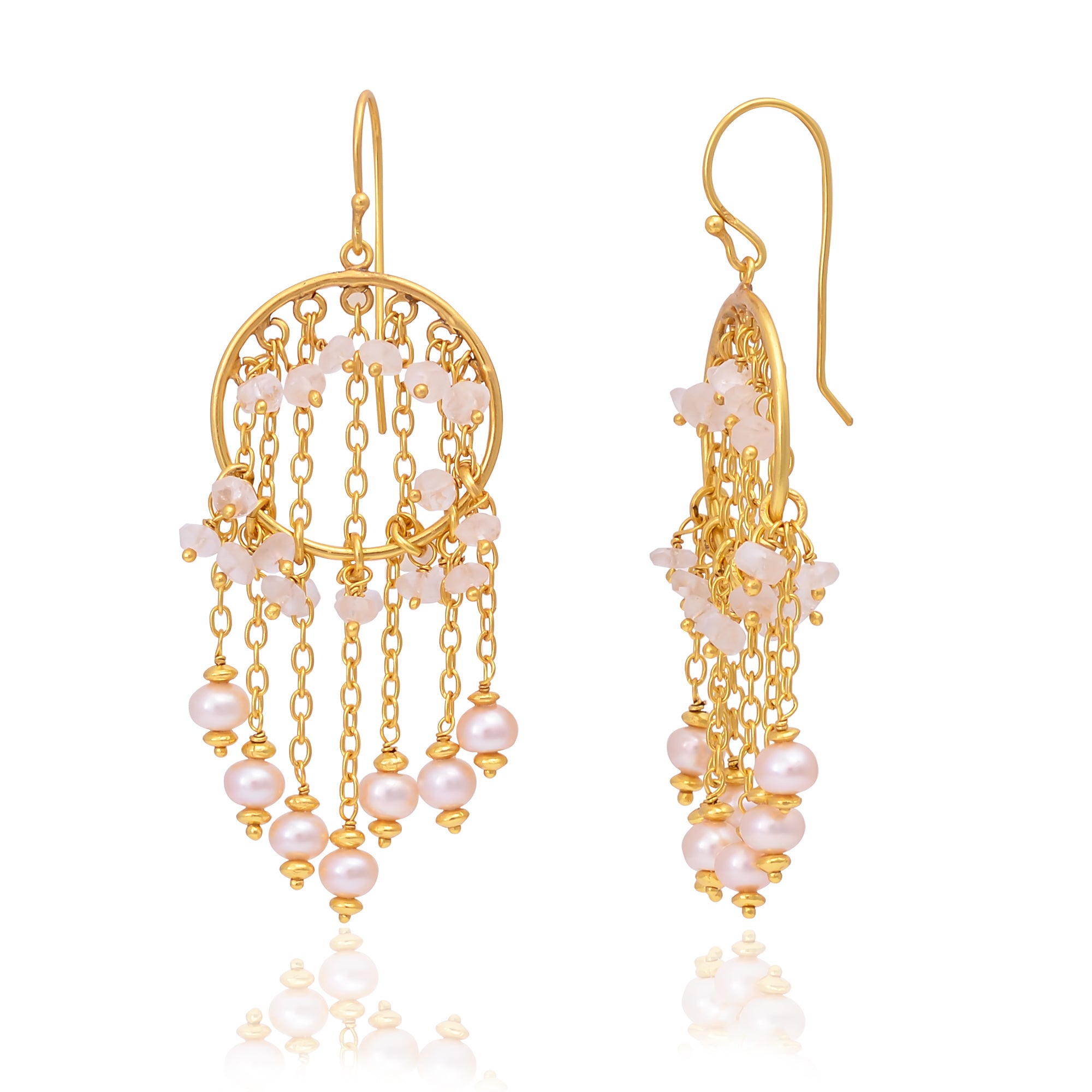 Silver Gold Plated Pearl and Rose Quartz Earring
