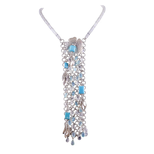 Buy Handcrafted Silver Rainbow Moonstone/turquoise Flower Link Jaal Necklace