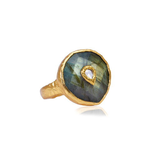 Silver Gold Plated Labradorite / Diamond Gold Jadai Ring