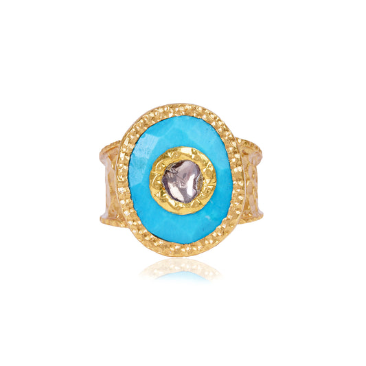 Silver Turquoise / Diamond with 24kt Gold Jadai Ring