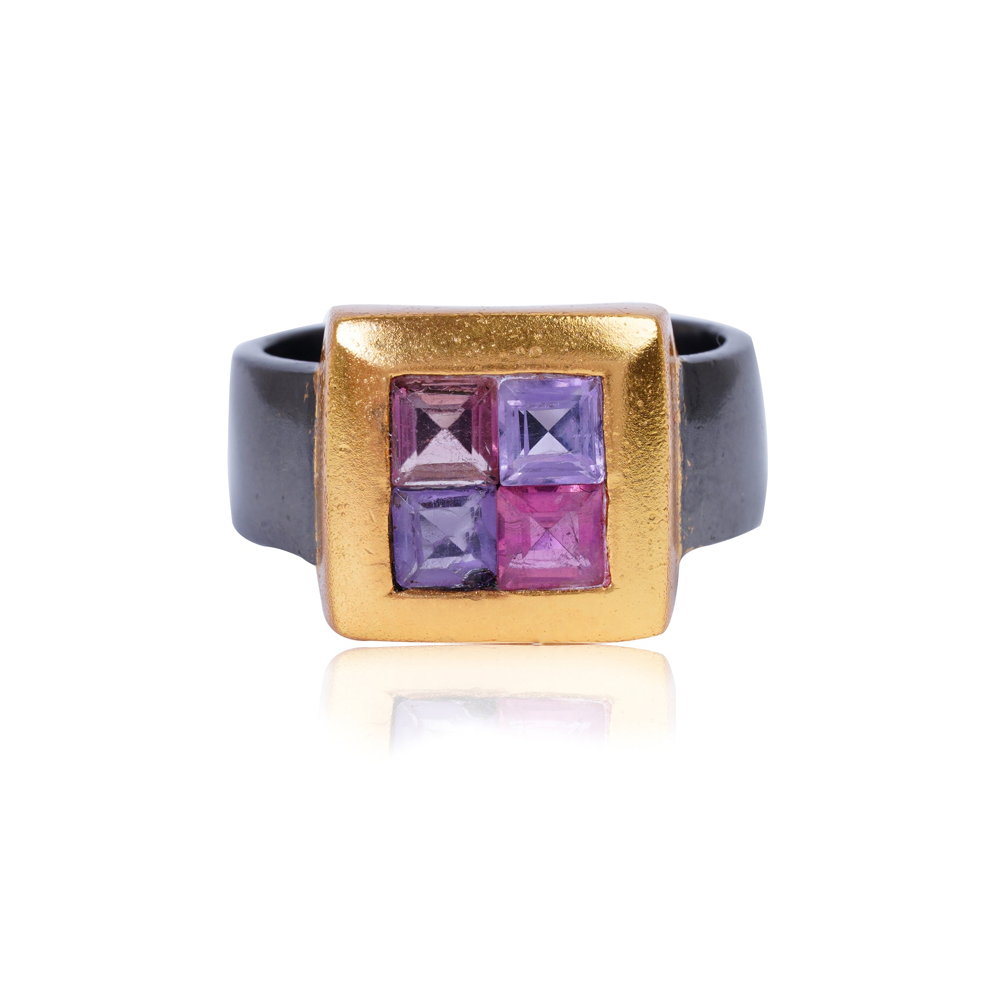 Silver Gold Black Plated Amethyst / Pink Tourmaline Ring