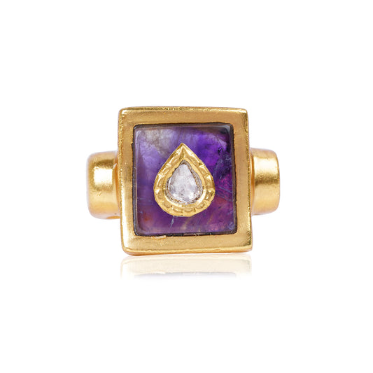 Silver Gold Plated Ring with Amethyst / Diamond and 24kt gold Jadai