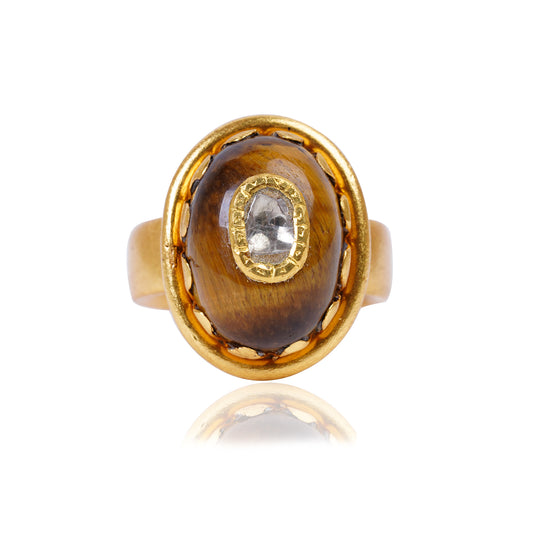 Silver Gold Plated Tiger Eye Stone / Diamond with 24kt gold Jadai Ring