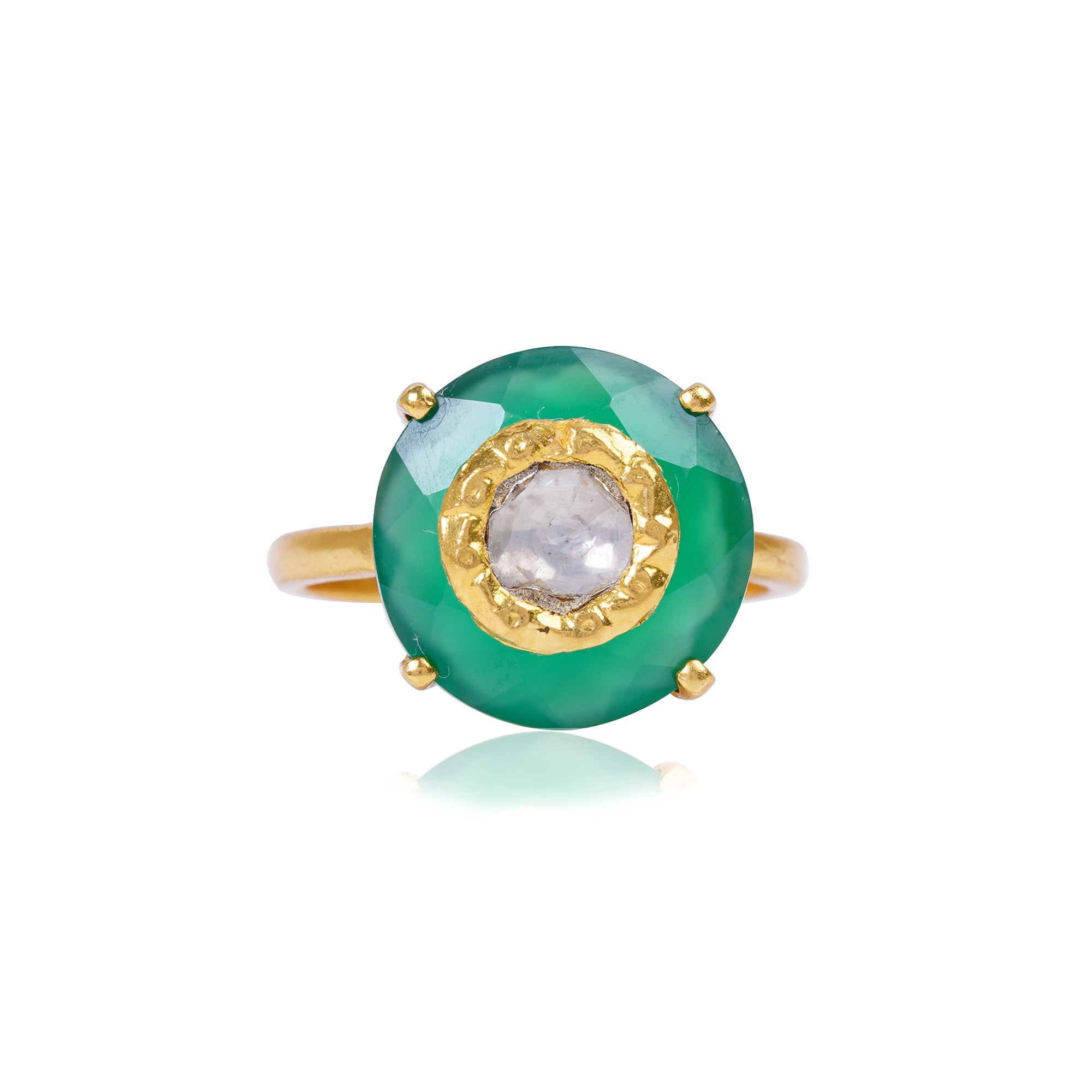 Silver Gold Plated Green Onyx / Gold and Diamond Gold Jadai Ring