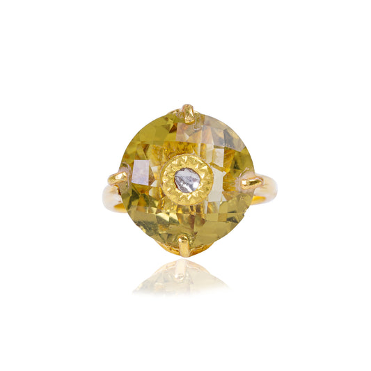 Silver Gold Plated Lemon Quartz /  Diamond Gold Jadai Ring