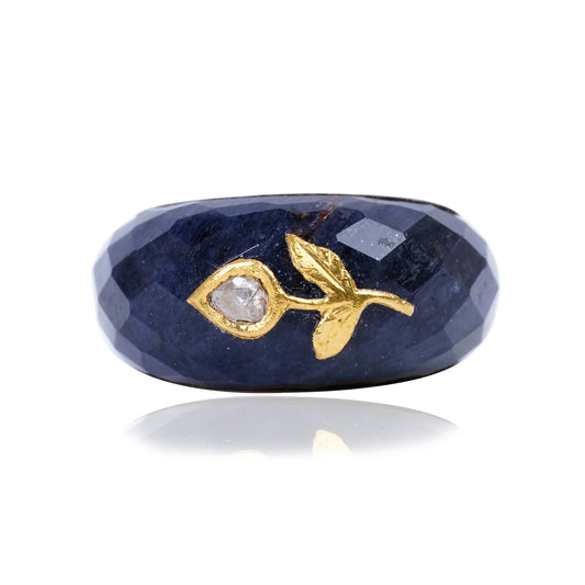 Silver Sodalite/Diamond with 24KT gold Jadai Ring