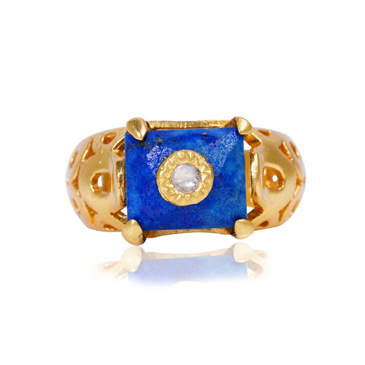 Silver gold plated ring with Lapis/Diamond and 24kt gold Jadai