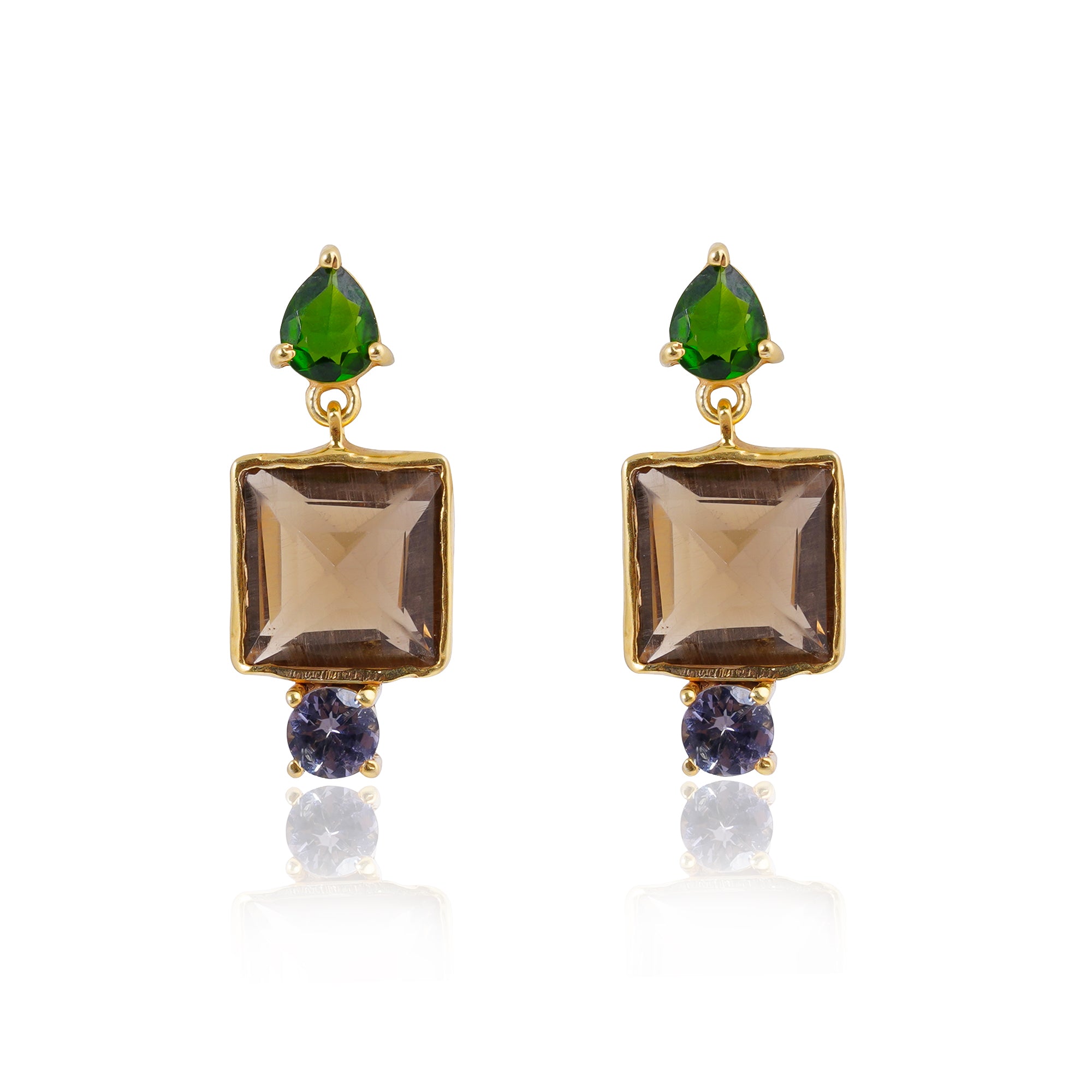 Buy Handmade Silver Gold Plated Green Tourmaline / Beer Quartz / Tanzanite Earring