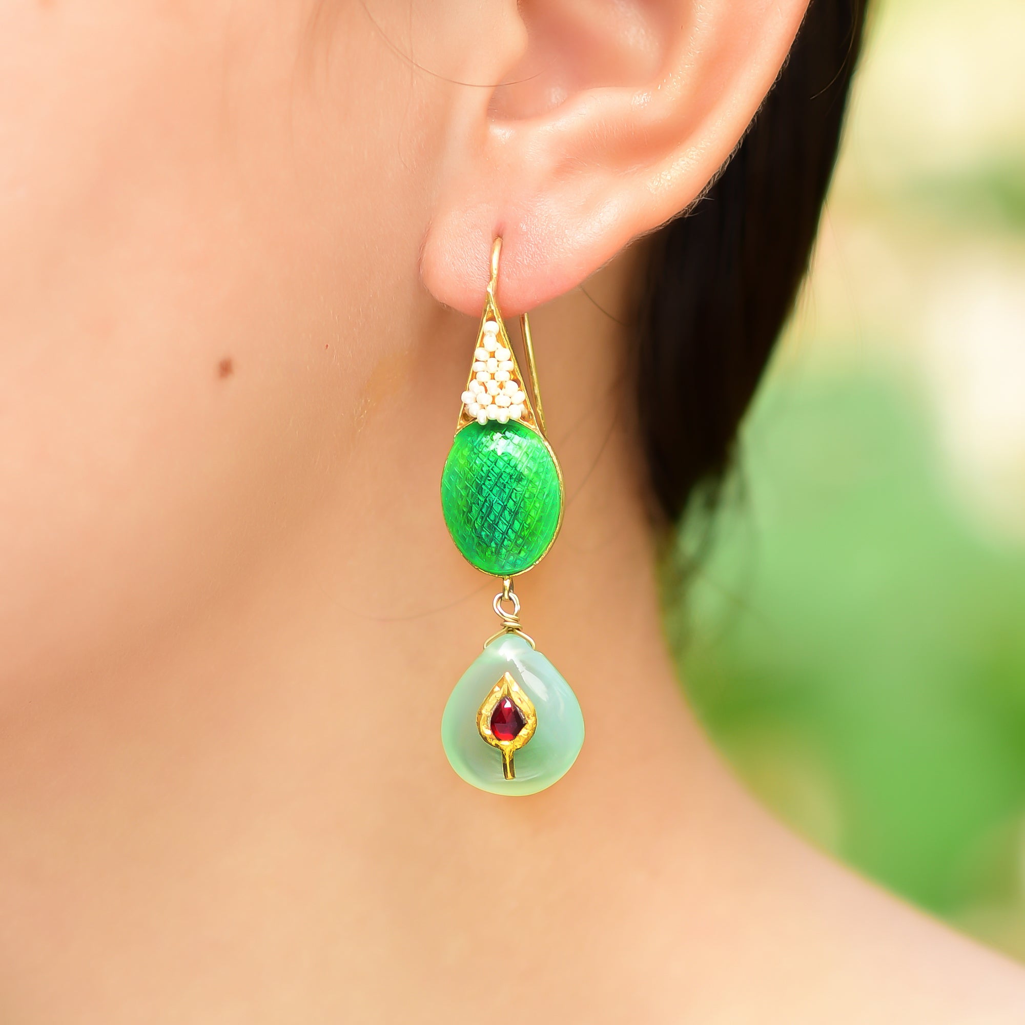 Buy Indian Handmade Silver Gold Plated Chalcedony Jadau Meena Work Earring