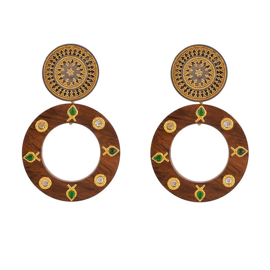 Buy Hand Crafted Silver Gold Black Plated Jadau Wood Earring