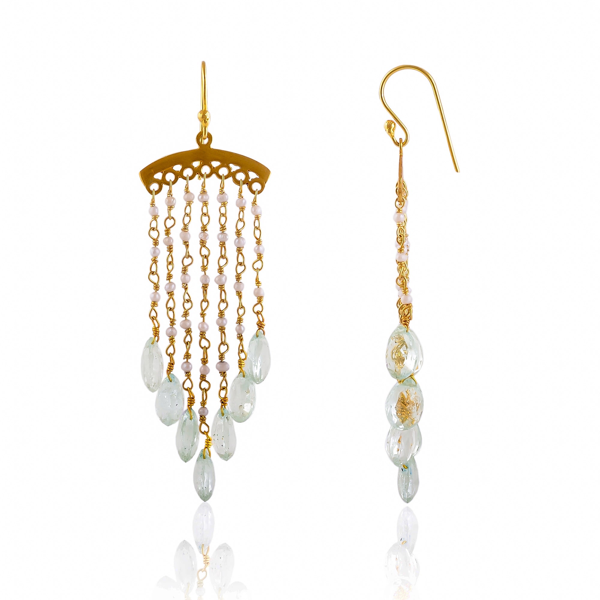 Buy Hand Crafted Silver Gold Plated Pearl/aquamarine Jhalar Earring