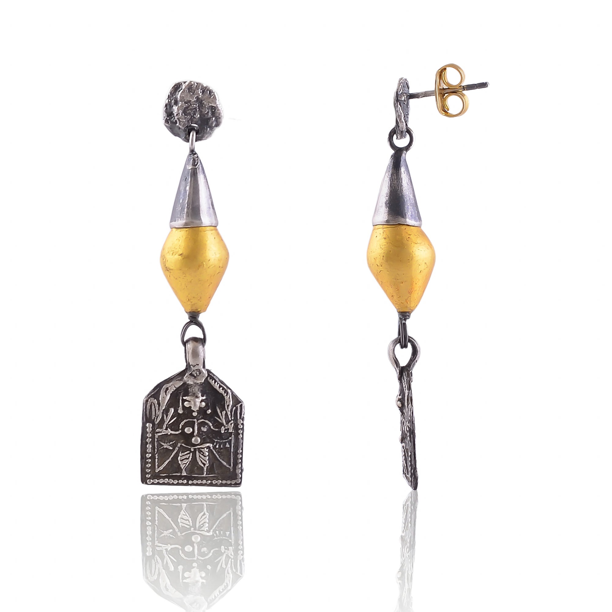 Buy Handmade Silver Oxidized Patri With Gold Wax Bead Earring