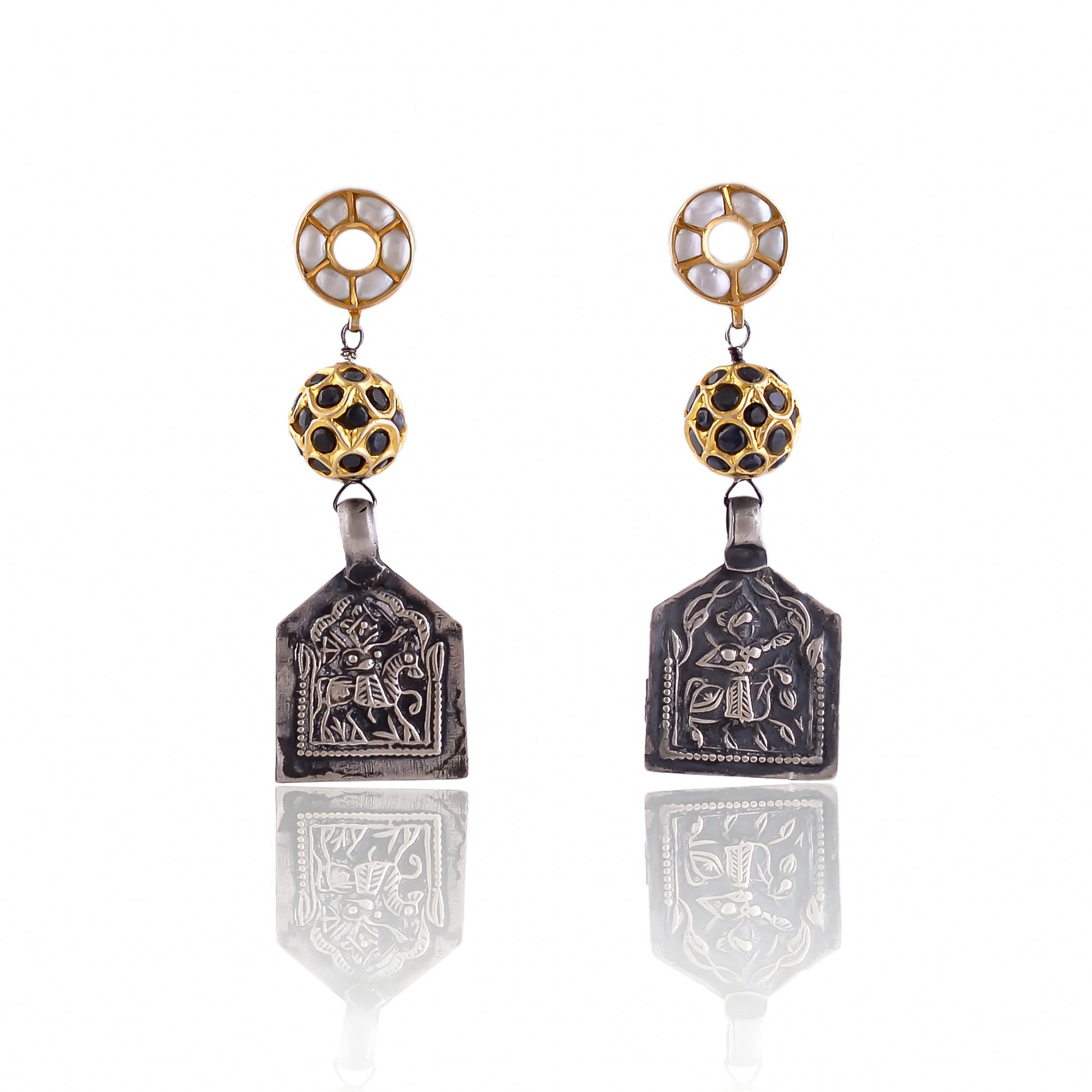 Buy Hand Crafted Silver Oxidised Patri With Black Onyx/pearl Stud Earring