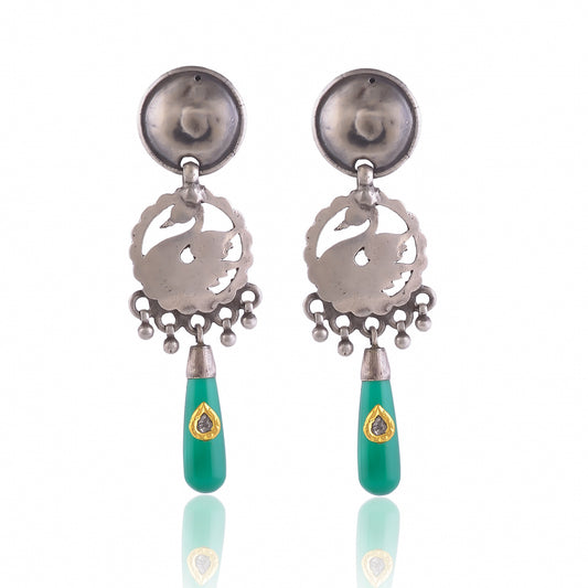 Buy Indian Hand Crafted Silver Oxidised Green Onyx/dimond Jadau Earring