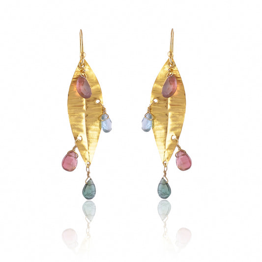 Buy Hand Crafted Silver Gold Plated Tourmaline Texture Leaf Earring