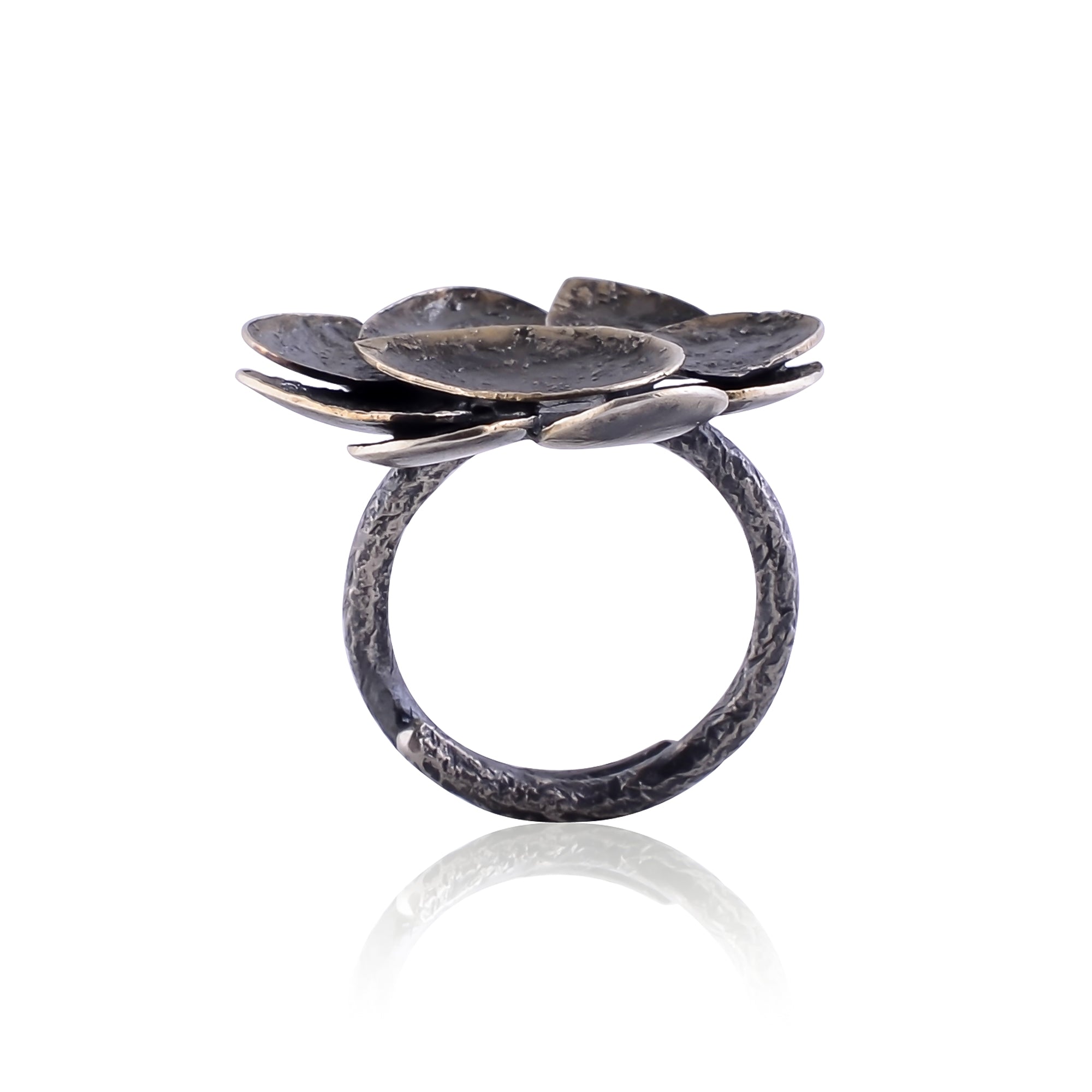 Hand Crafted Silver Black Plated Texture Leaf Ring