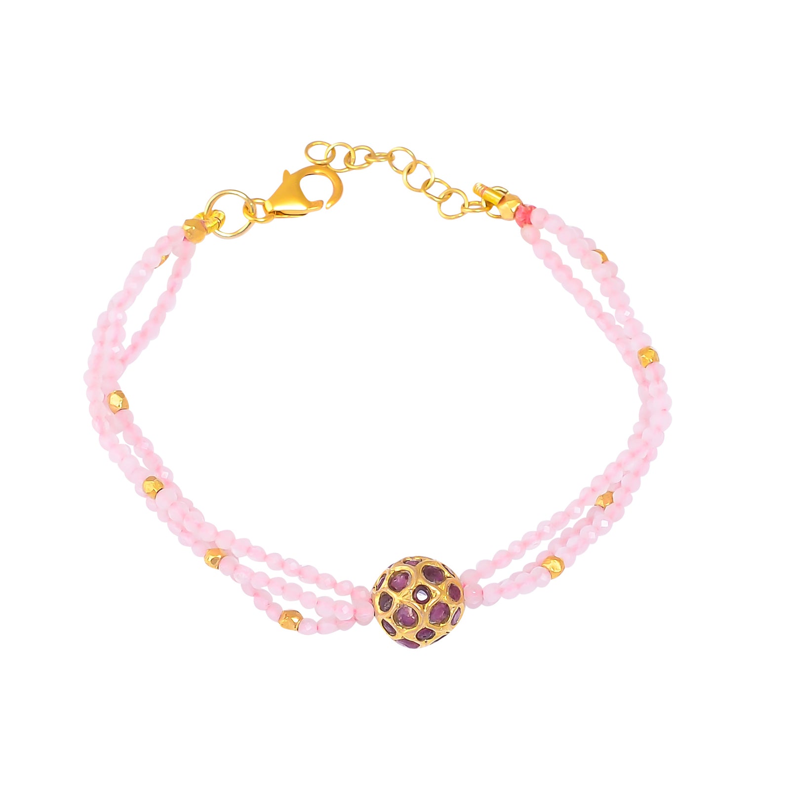 Handcrafted Silver Gold Plated Ruby Bead Rose Quartz Bracelet