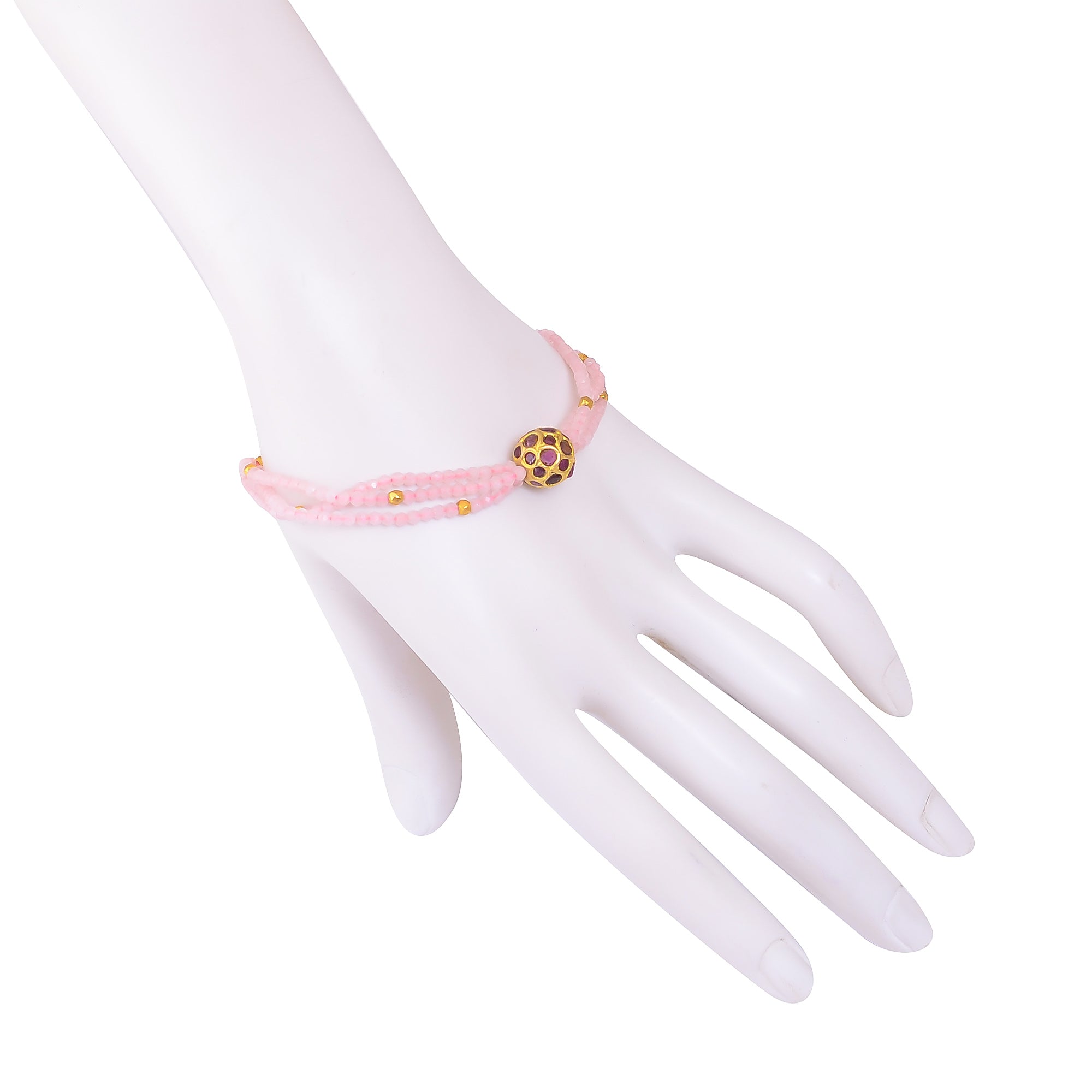 Handcrafted Silver Gold Plated Ruby Bead Rose Quartz Bracelet